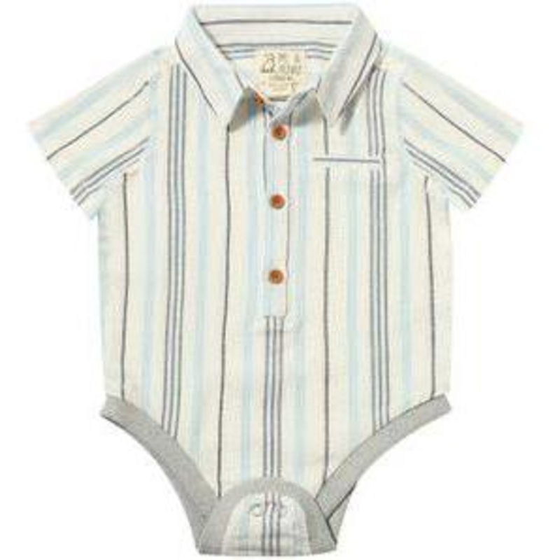 Me & Henry Helford Woven Onesie | Navy/Blue/White Wide Stripe