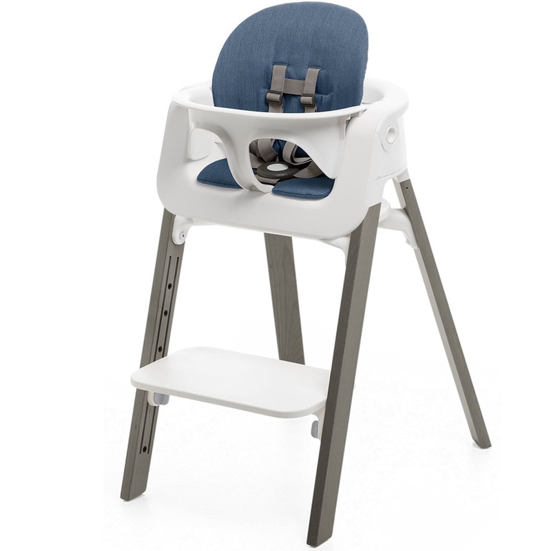 Stokke Steps Chair + Cushion (No Tray) – White/Hazy Grey/Blue