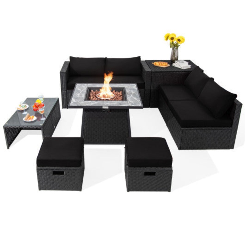 9 Pieces Outdoor Wicker Sectional With 35 Inch Gas Fire Pit Table-Black