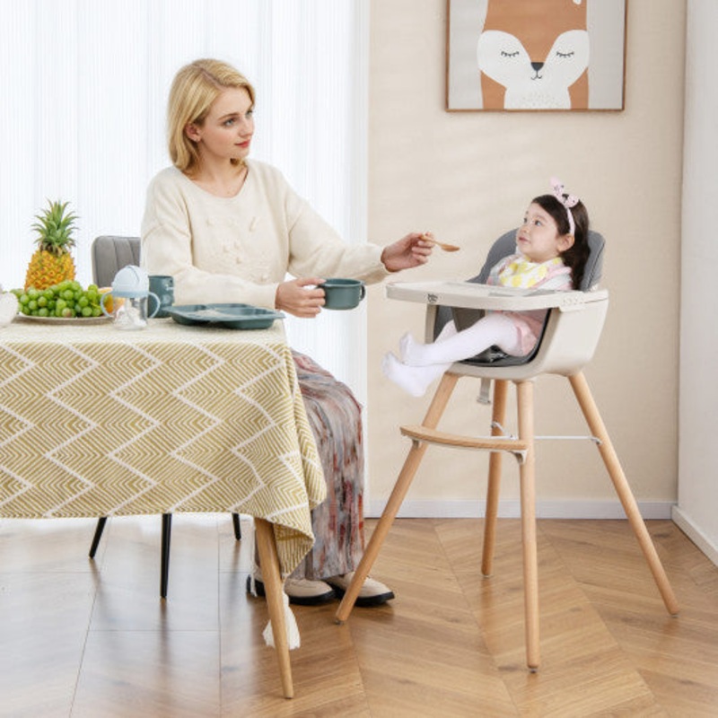 3-in-1 Convertible Wooden High Chair With Cushion-Light Gray