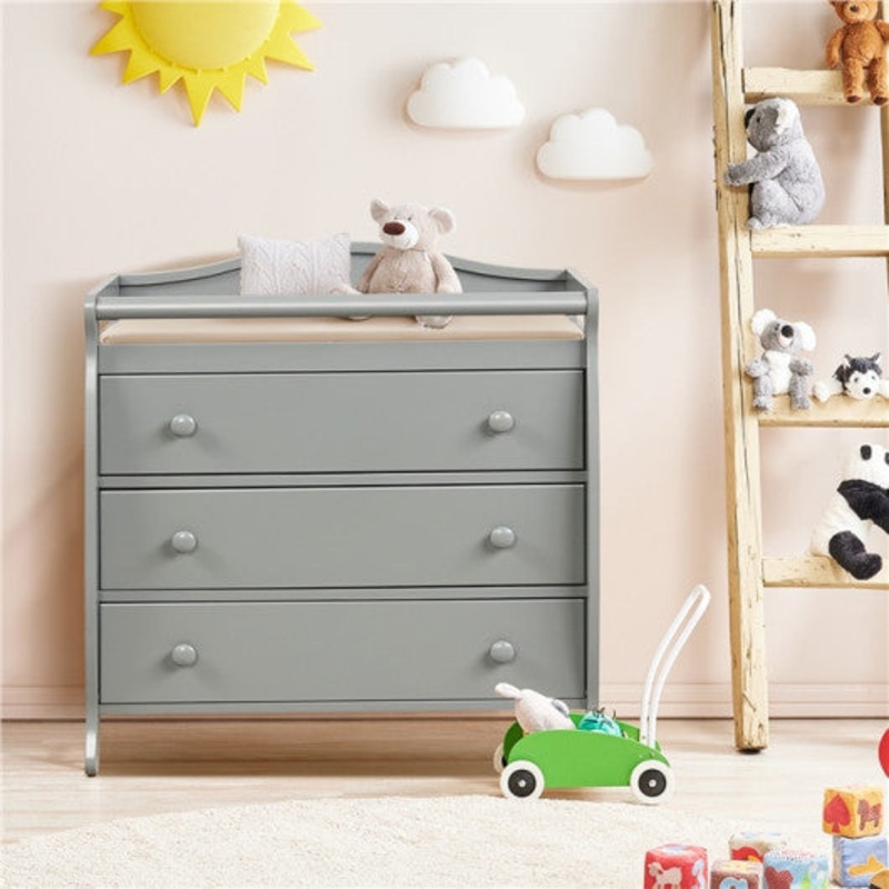 Baby Changing Table Infant Diaper With 3 Drawers and Safety Belt-Gray