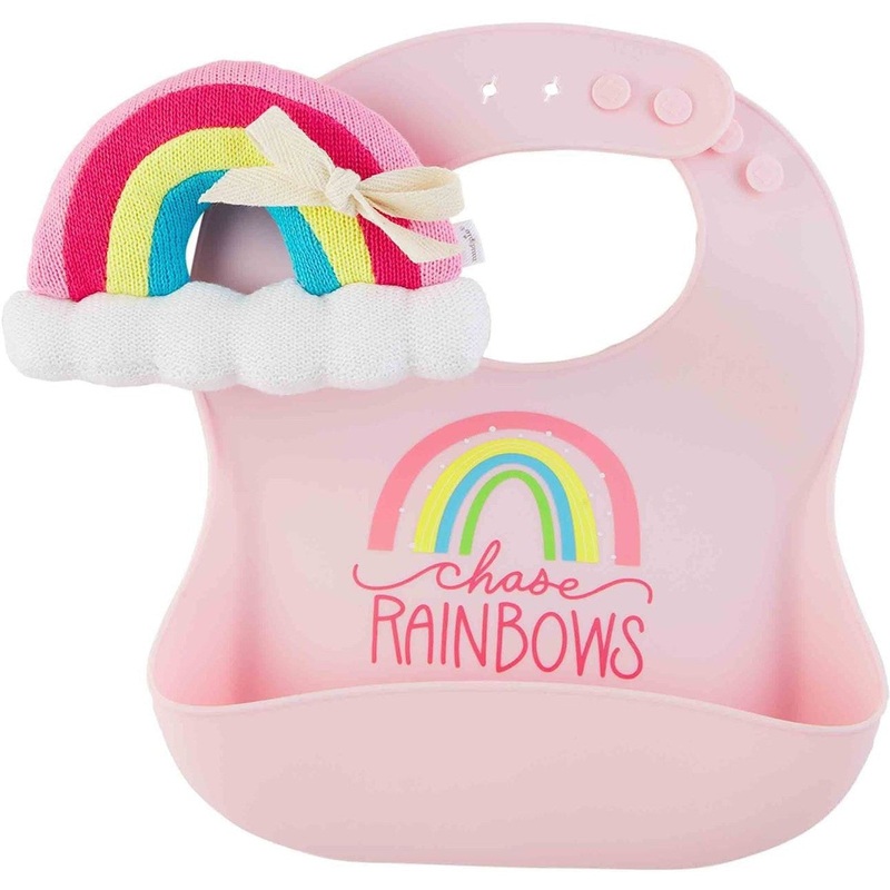 Mud Pie Pink Rainbow Bib & Rattle Set