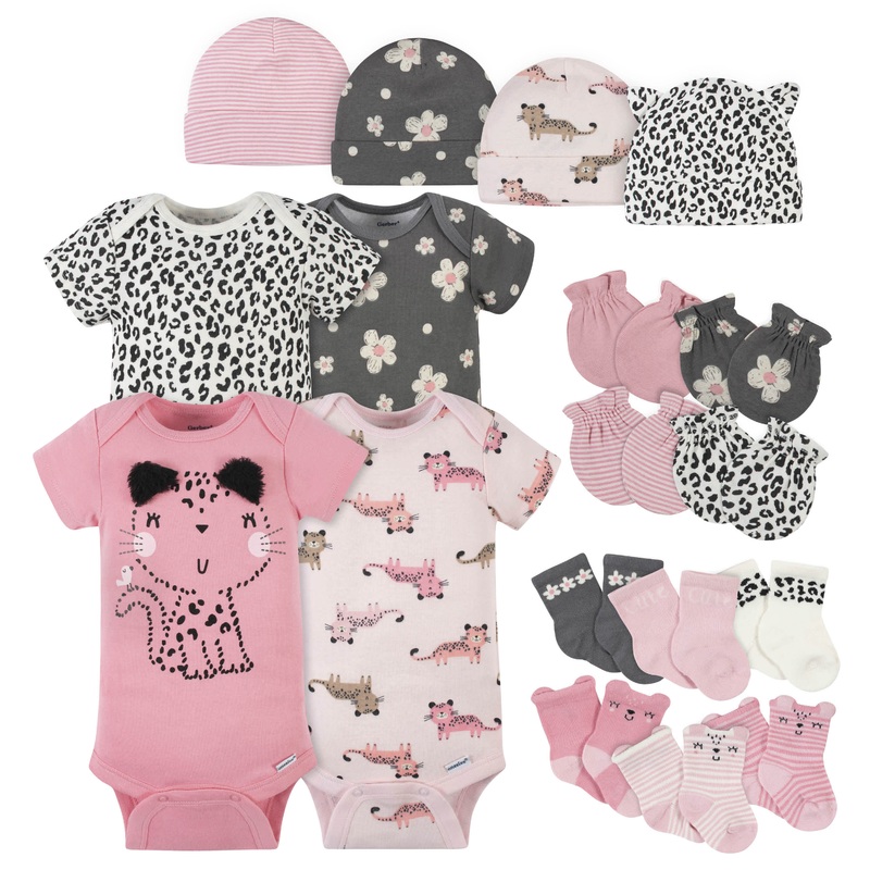 18-Piece Baby Girls Leopard Onesies Bodysuit, Mitten, Cap, & Sock Set
