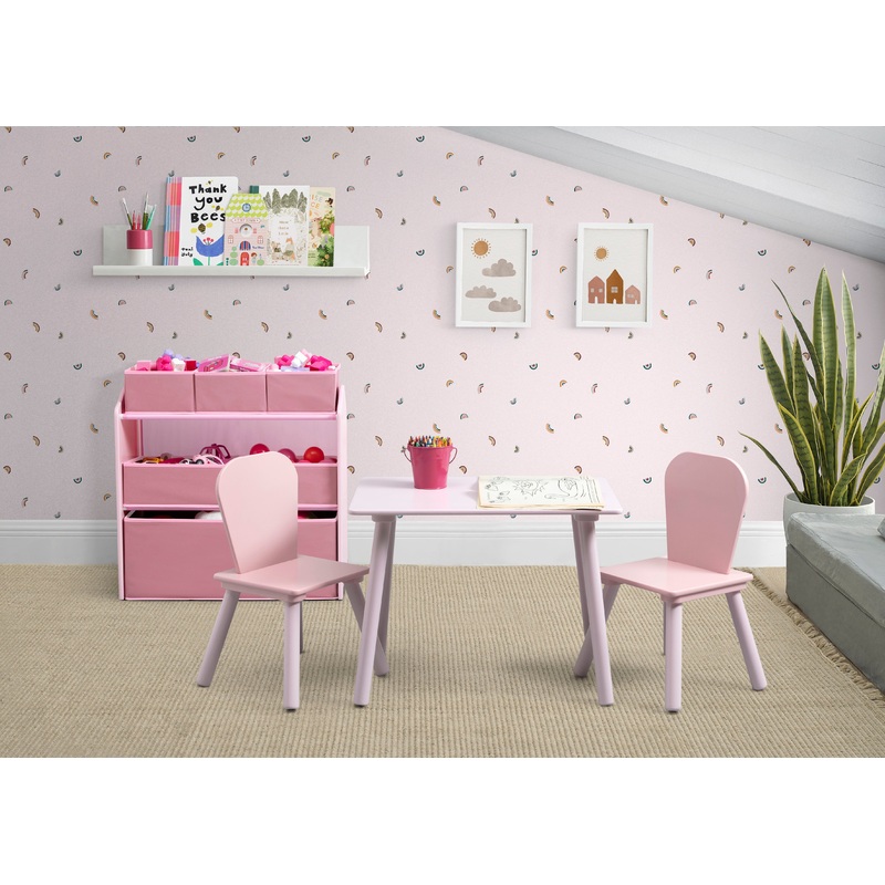 4-Piece Toddler Playroom Set  Includes Play Table with Dry Erase Tabletop and 6 Bin Toy Organizer with Reusable Vinyl Cling Stickers