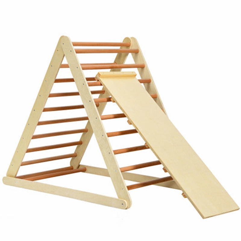 Foldable Wooden Climbing Triangle Indoor With Ladder for Toddler Baby-Natural