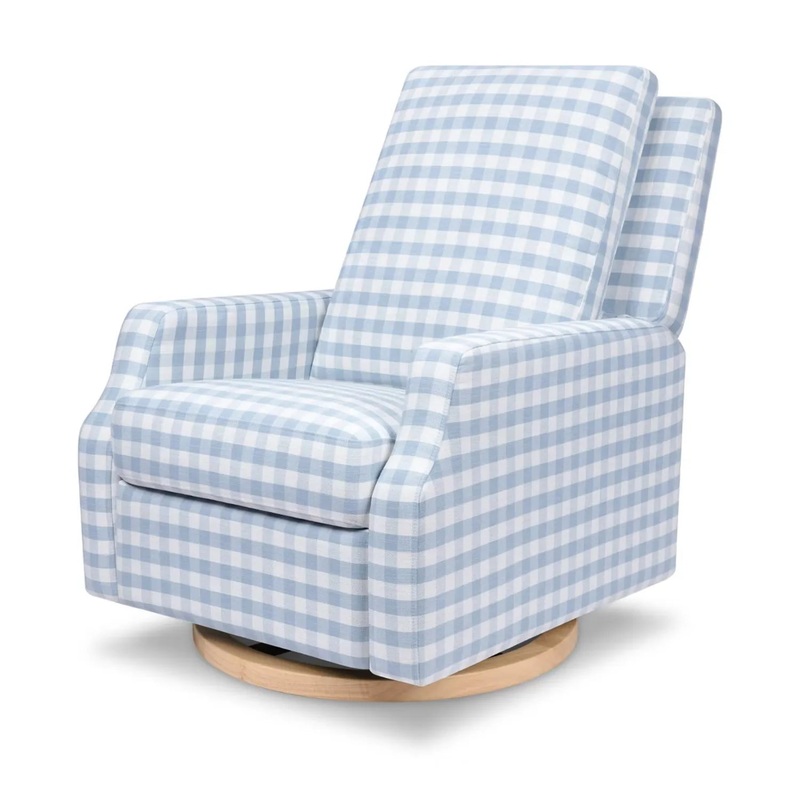 Crewe Recliner and Swivel Glider – Blue Gingham with Light Wood Base