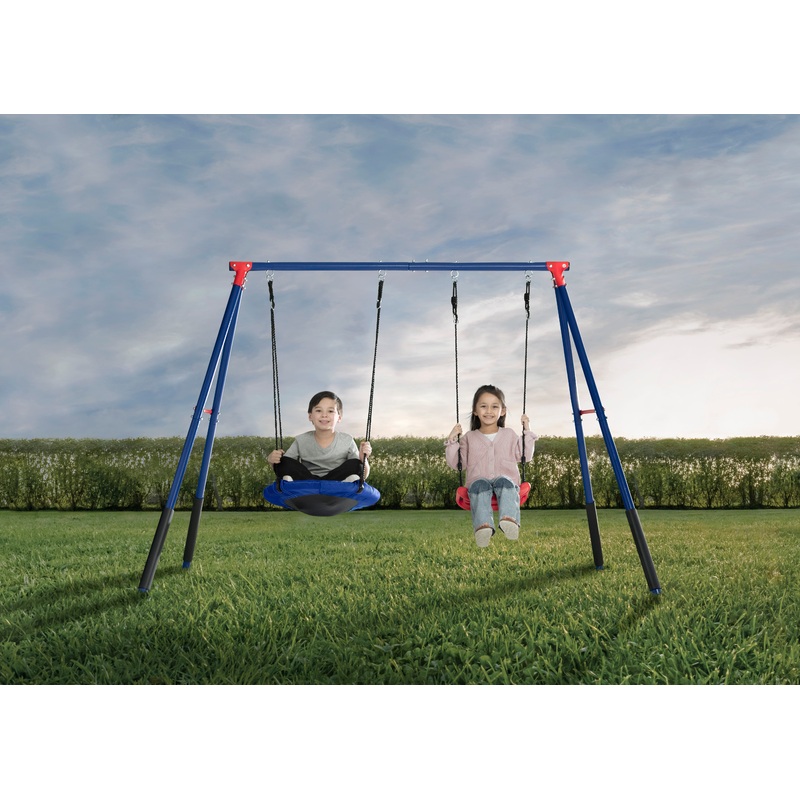 FunZone Outdoor Metal 2-Piece Swing Set – Includes 1 Swing and 1 Disc/Saucer Swing