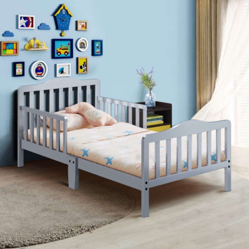 Classic Design Kids Wood Toddler Bed Frame With Two Side Safety Guardrailss-Gray