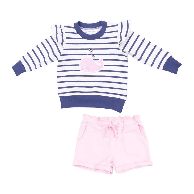 Bubbly Whale Pink French Terry Ruffle Sleeve Sweatshirt With Chenille Patch & Paperbag Shorts