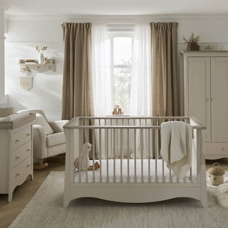 CuddleCo – Clara 3 Piece set 3 Drawer Dresser, Cot Bed and Wardrobe – Cashmere & Ash