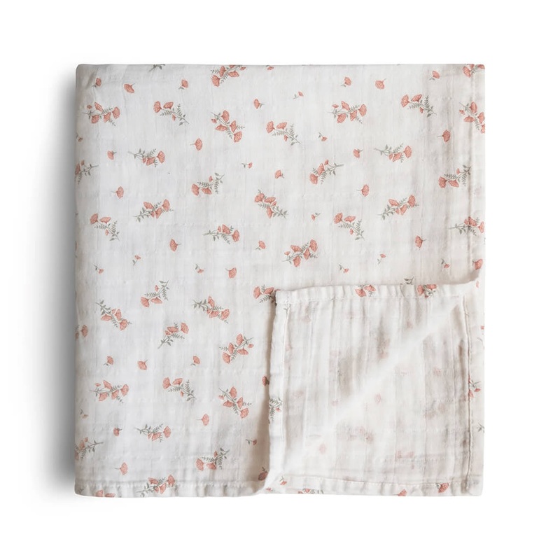 Mushie Organic Cotton Swaddle Blanket Pink Flowers