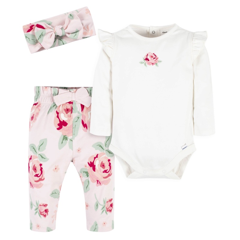 3-Piece Baby Girls Pink Garden Onesies Bodysuit, Pants & Headband Set