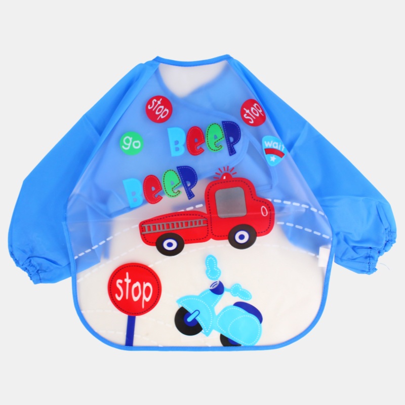 Baby Long-Sleeved Bib  Blue with Red Car Beep Design