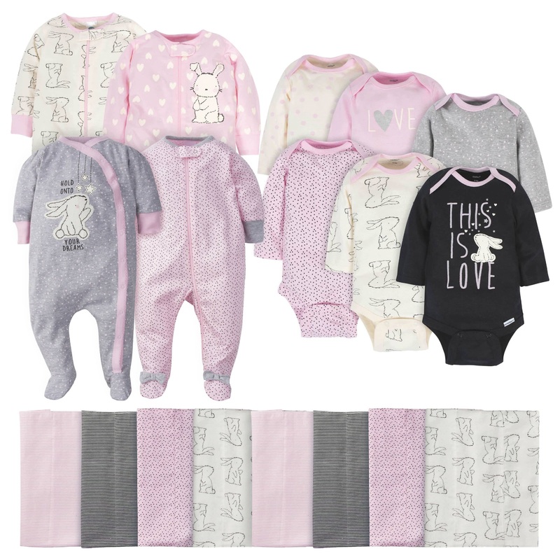 18-Piece Baby Girls Bunny Sleep ‘N Play, Onesies Bodysuit, and Burpcloth Set