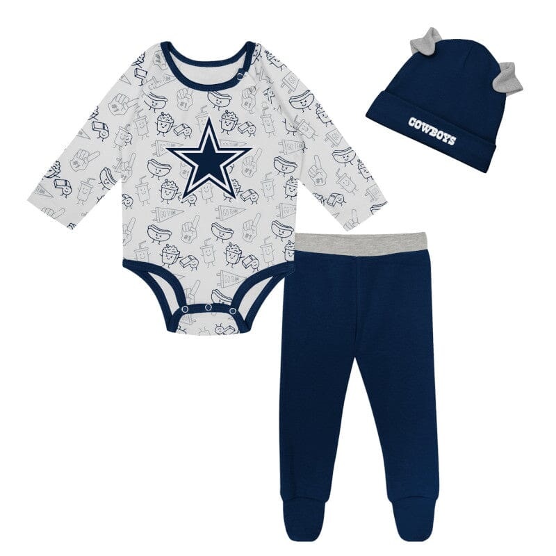 3-Piece Baby Dallas Cowboys Long Sleeve Bodysuit, Pants and Cap Set