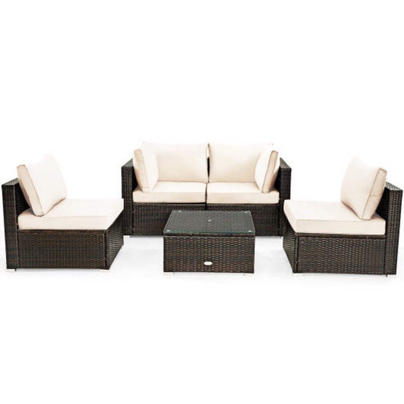 5 Pieces Cushioned Patio Rattan Furniture Set With Glass Table-White