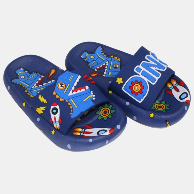 Boys Rubber Slides  Navy with Dinosaur Design