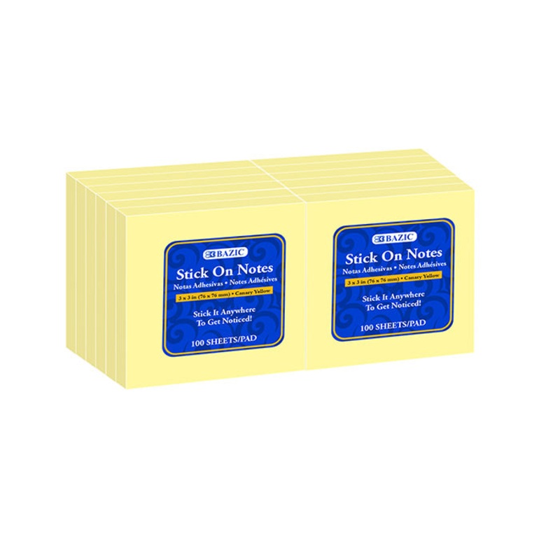 BAZIC 100 Ct. 3″ X 3″ Yellow Stick On Notes (12/Shrink)