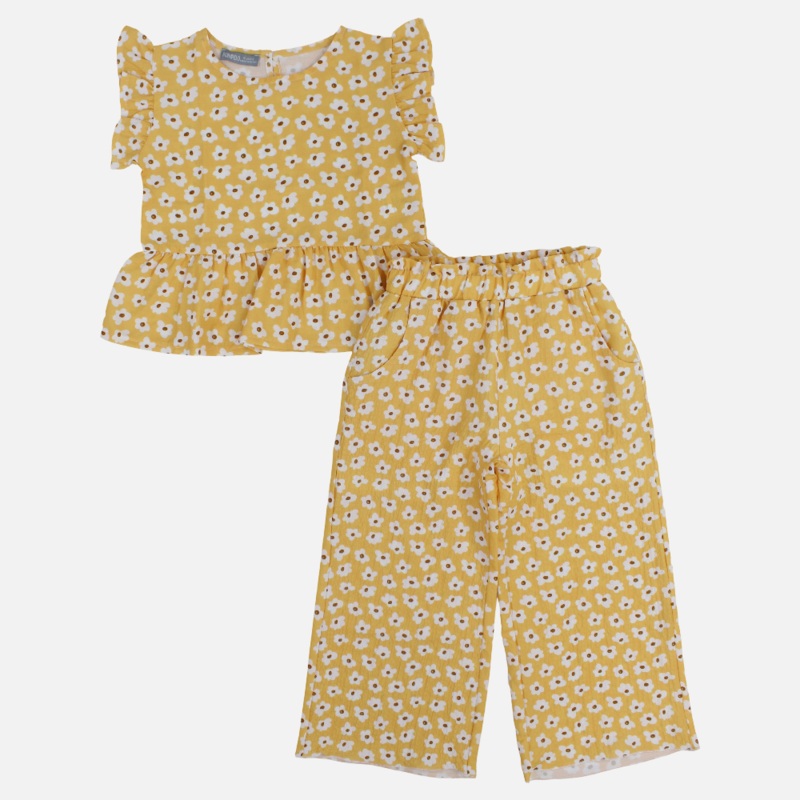 Girls Cotton 2-Piece Outfit Set  Yellow with Mini Flowers Print