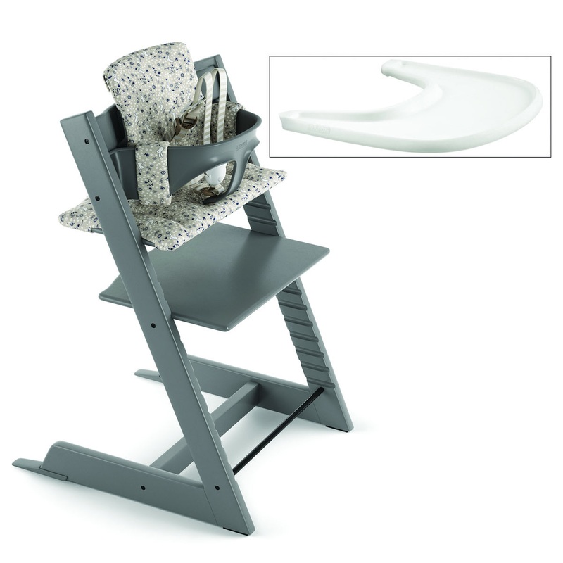 Tripp Trapp High Chair and Cushion with Stokke Tray — Storm Grey/Garden Bunny