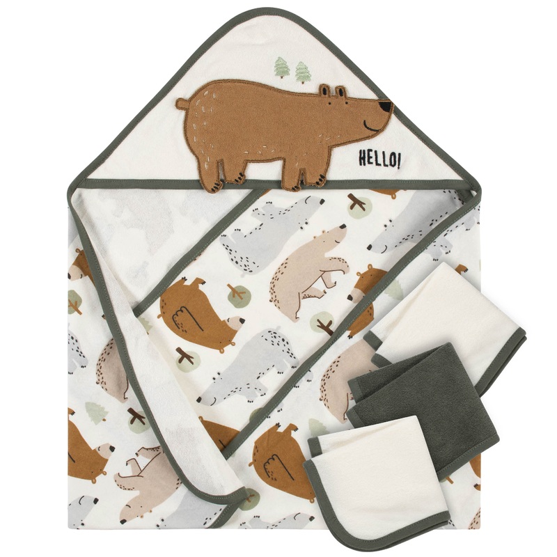 4-Piece Boys Bear Hooded Towel & Washcloth Set