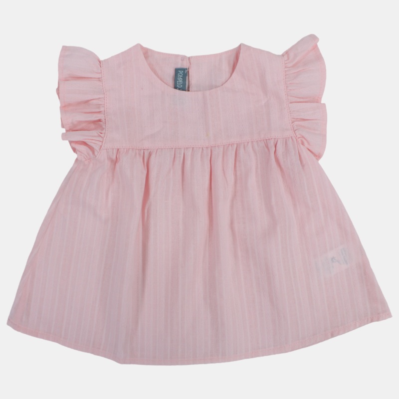 Baby Girls Cotton Blouse  Pink with Ruffled Shoulders