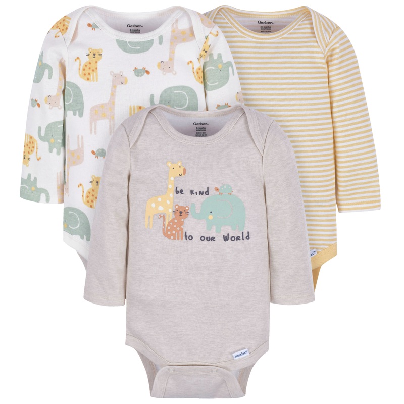 3-Pack Baby Neutral Kind World Long Sleeve Onesies Bodysuits
