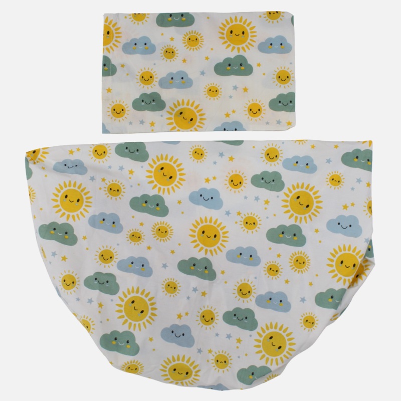 Cotton Bed Sheet Set  Off-White with Suns and Clouds Print