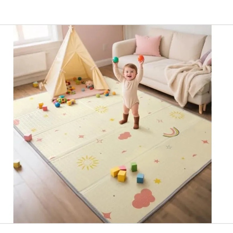 Extra Large Foldable Play Mat, Reversible Baby Play Mat – Rainbow, Cloud & Moon, 71″x59″