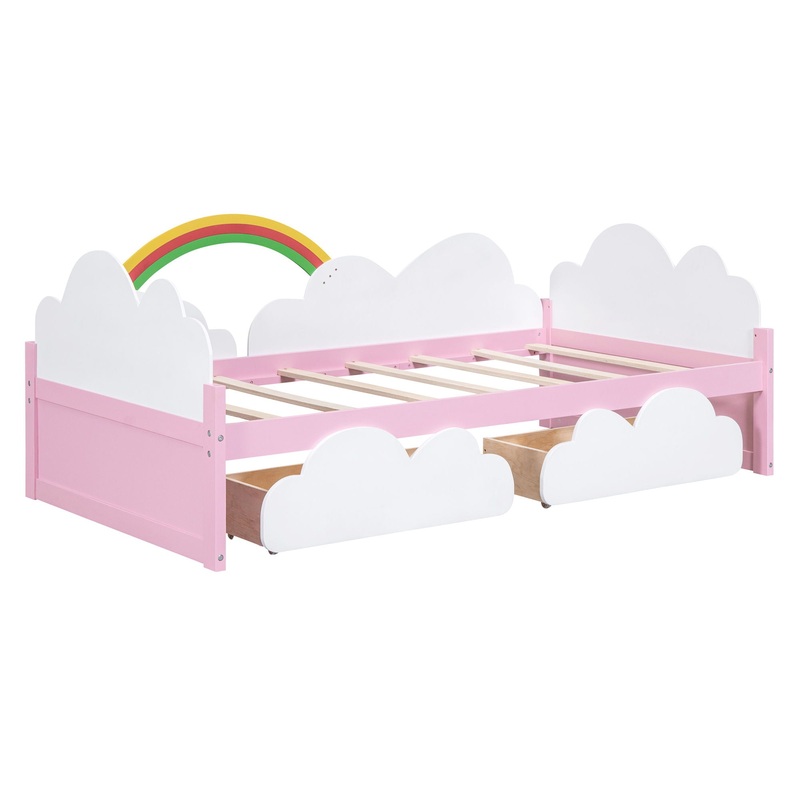 Twin Size Bed With Clouds and Rainbow Decor – Pink / White
