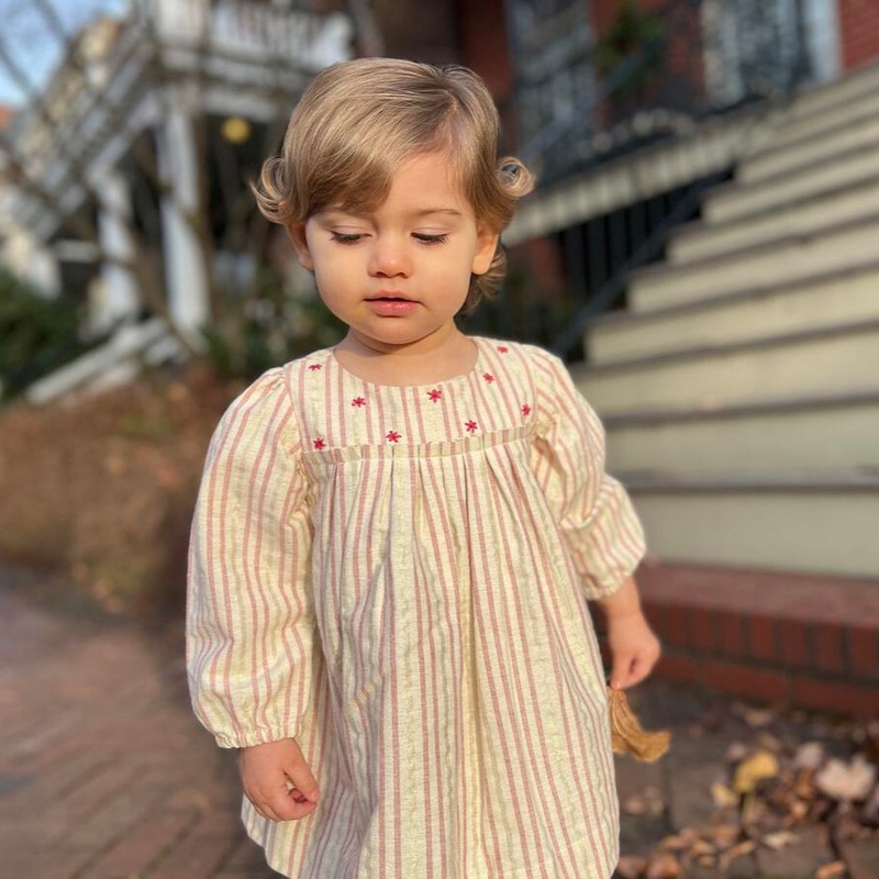 Bow Detail Dress – Cream, Red & Gold Stripe