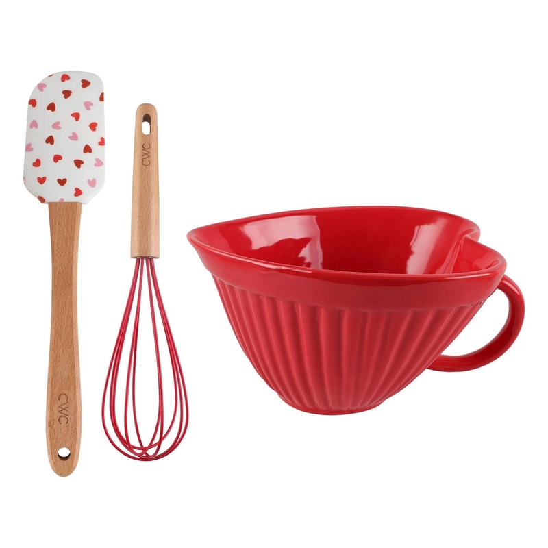 3pc Heart-Shaped Mixing Bowl, Whisk, and Silicone Spatula Baking Set – Red