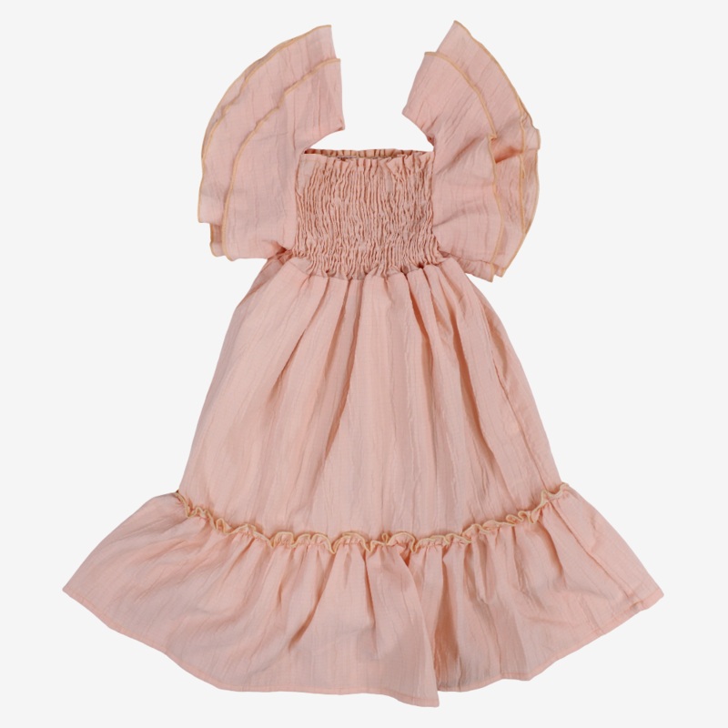 Girls Cotton Dress  Salmon with Ruffled Shoulders