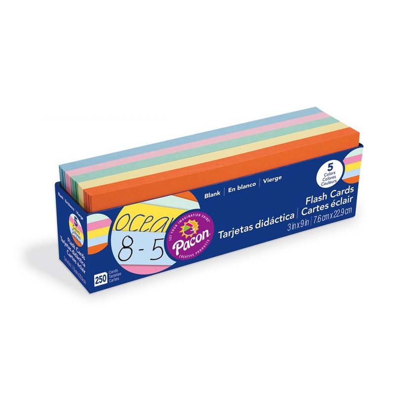 Pacon Blank Flash Card Dispenser Box, 5 Assorted Colors, unruled 3″ x 9″, 250 Cards