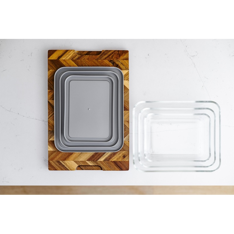 Glass Food Storage Containers – 6 Piece (3 Containers + 3 Lids) Rectangular Nesting Space-Saving Set