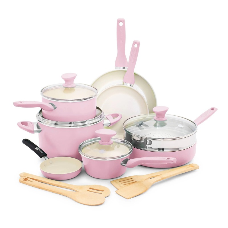 Rio 16pc Ceramic Nonstick Cookware Set Blush: Aluminum Pots & Pans, Dishwasher-Safe, Includes Bamboo Utensils (See Description)