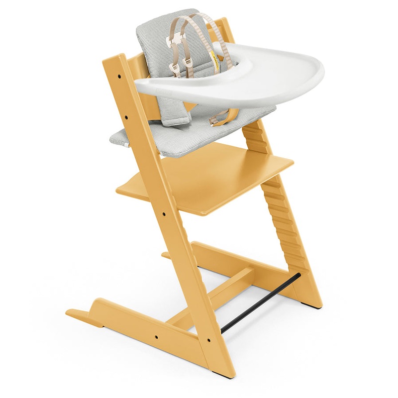 Tripp Trapp High Chair and Cushion with Stokke Tray Bundle – Sunflower Yellow / Nordic Grey / White