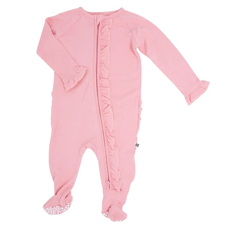 Zipper Ruffle Footie – Pink Suede