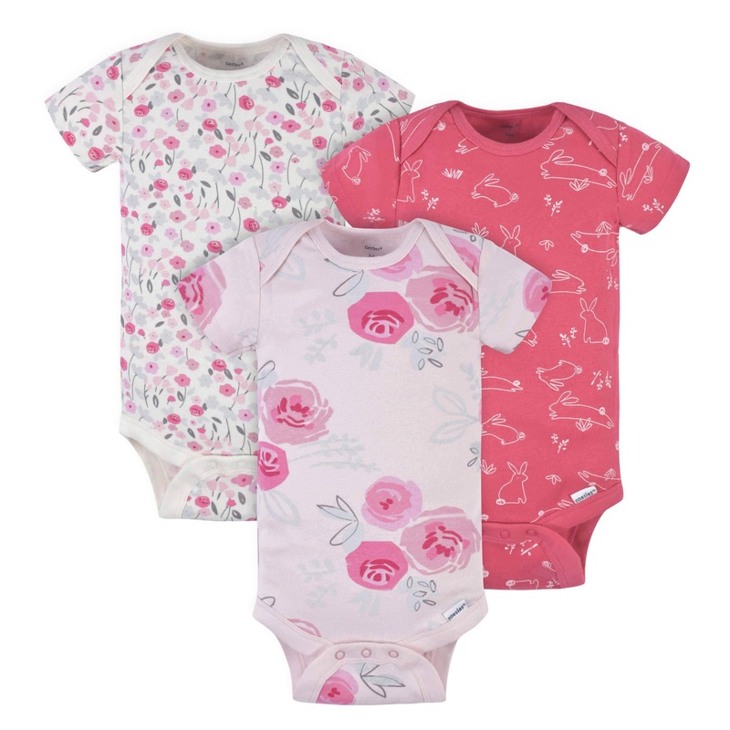 3-Pack Baby Girls Comfy Stretch Roses & Bunnies Short Sleeve Onesies Bodysuits