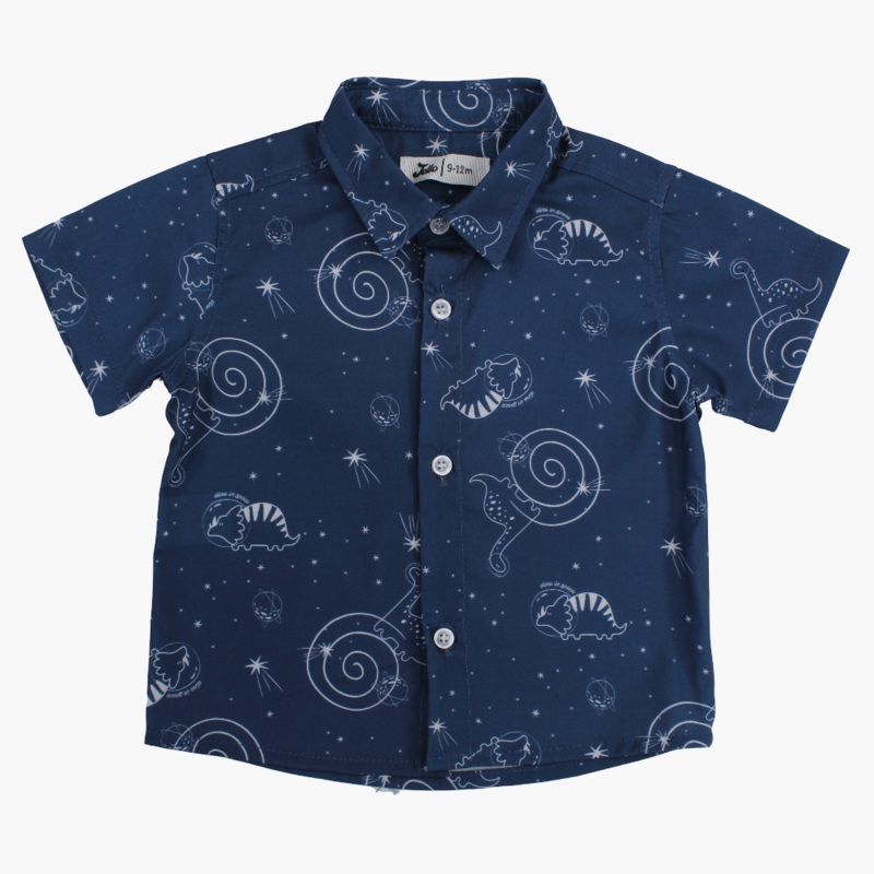 Baby Boys Cotton Shirt – Indigo with Dino in Space Print