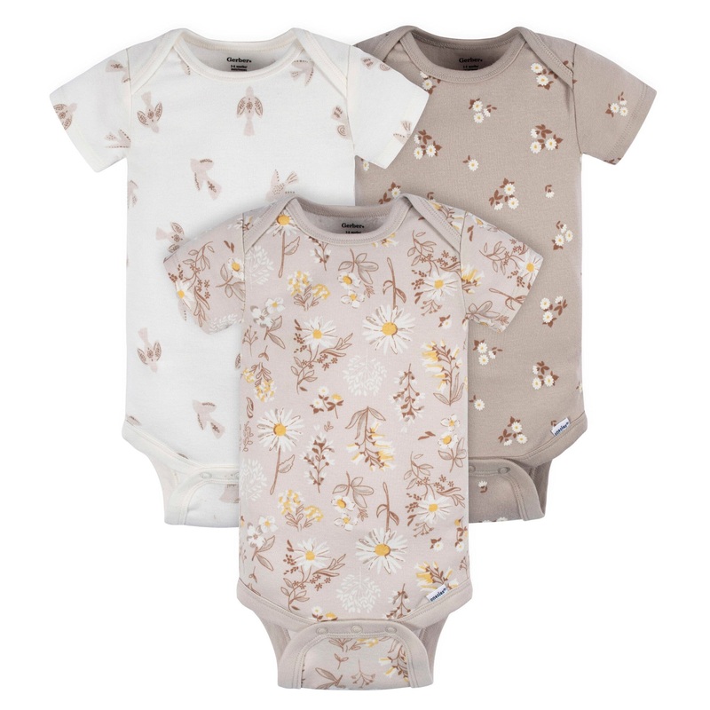 3-Pack Baby Girls Taupe Flower Fields Short Sleeve Onesies Bodysuits