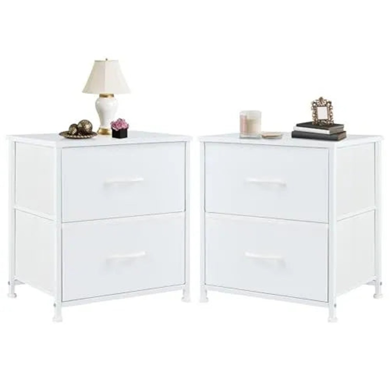Set of 2 White Fabric Drawer Nightstands – Versatile Bedroom & Entryway Storage