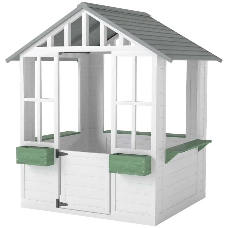 Outsunny Kids Wooden Playhouse, Outdoor Garden Games Cottage with Flowers Pot Holder, Working Door, Windows, White