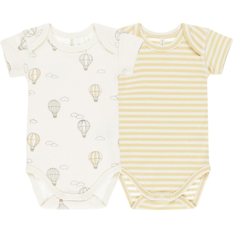 Quincy Mae Short Sleeve Bodysuit, 2 Pack || Hot Air Balloons, Yellow Stripe