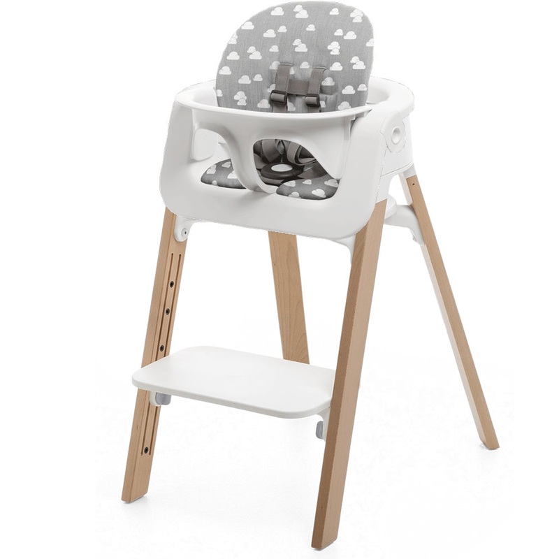 Stokke Steps Chair + Cushion (No Tray) – White/Natural/Grey Clouds