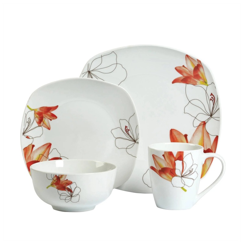 16pc Porcelain Lily Dinnerware Set – : Floral Botanical, Service for 4, Includes Mugs & Plates