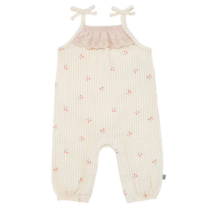 Baby Girls Beige Cherry Stripe Sleeveless Ruffle Romper