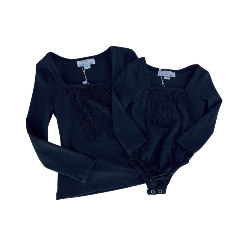 Bailey’s Blossoms Maxine Fringe Long Sleeve Leotard-Black