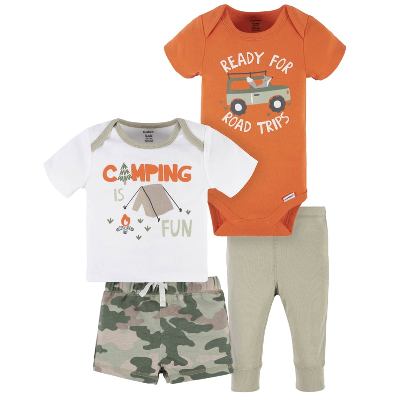 4-Piece Baby Boys Camping Fun Onesies Bodysuit, Tee, Shorts & Pant Set, Newborn