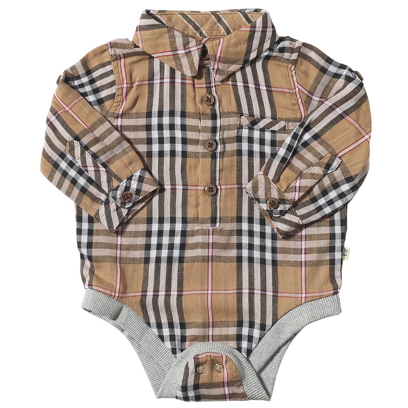 Me & Henry Jasper Woven Onesie | Brown/Black/Red Plaid